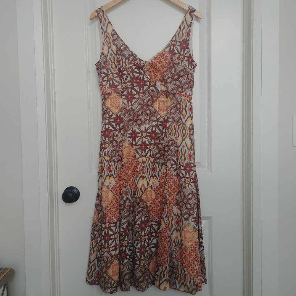 Tribal V neck strapless midi dress size 8 no wrinkle brown pink yellow p…